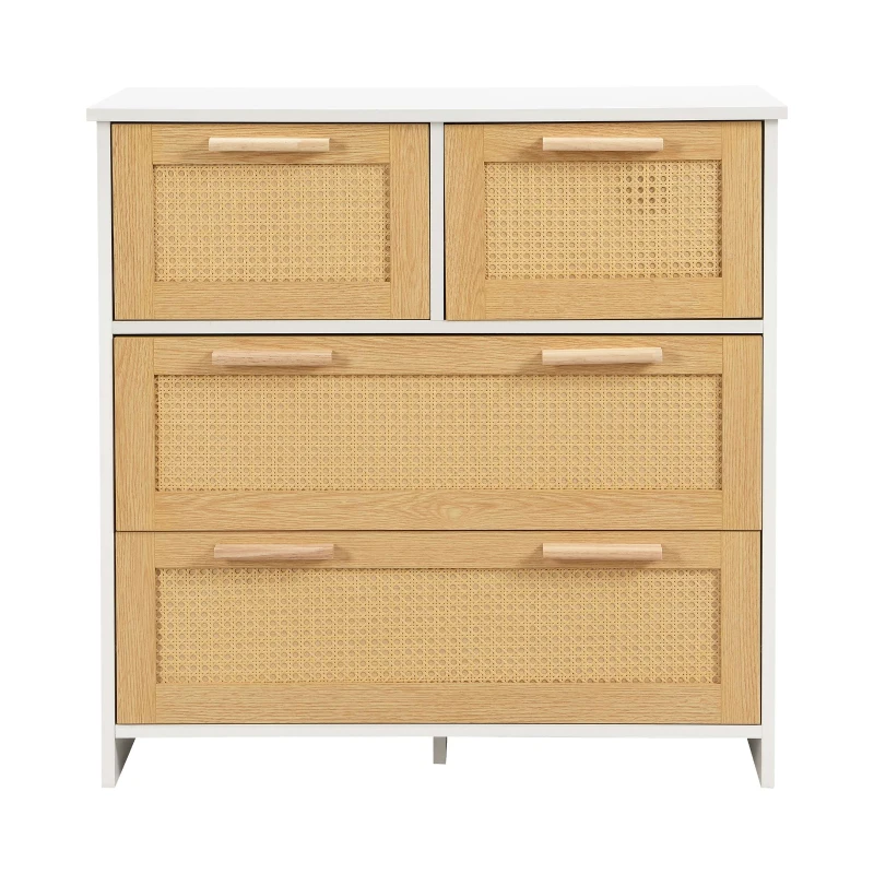 Commode Moderne en Rotin avec 4 Tiroirs et Poignées en Bois Massif, 80x38x80 cm - Meuble de Rangement, Naturel+Blanc
