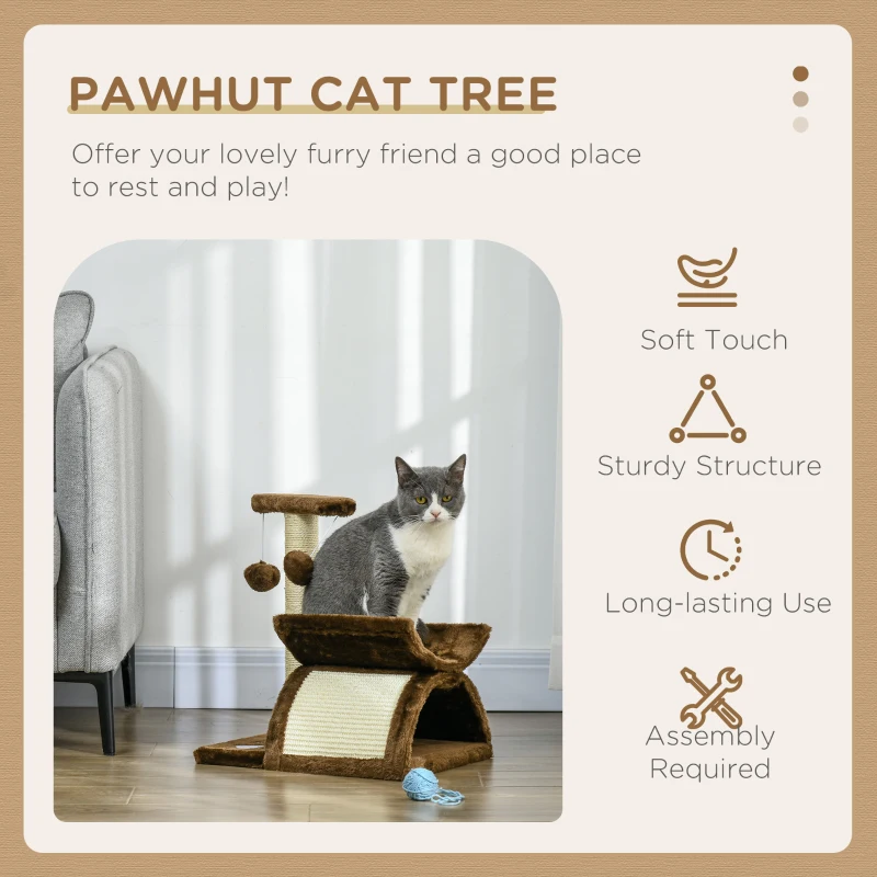 PawHut Cat Tree, Cat Tower for Kittens, Small Cat Condo with Rotatable Top Bar, Sisal Scratching Post, Tunnel, Dangling Balls - Brown