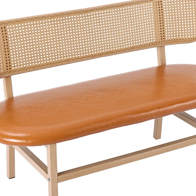 Banc 2 places dossier en rotin ovale effet cannage et assise rembourrée, 84x49x75 cm, Marron