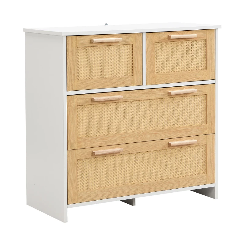 Commode Moderne en Rotin avec 4 Tiroirs et Poignées en Bois Massif, 80x38x80 cm - Meuble de Rangement, Naturel+Blanc