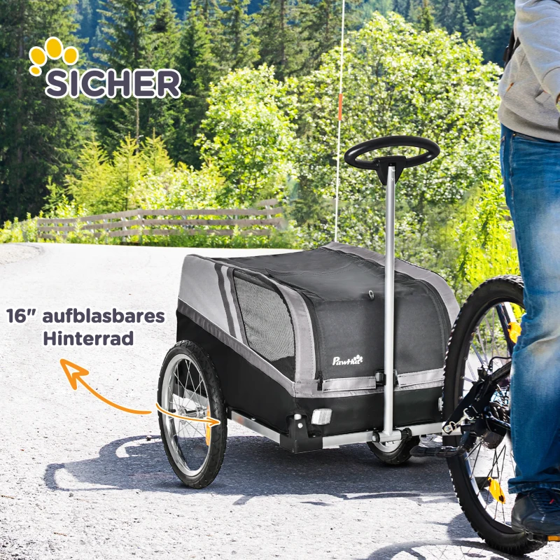 PawHut 2-in-1 Hundeanhänger Trolley Lastenanhänger lagerbar Zustange Flagge atmungsaktiv Metall Oxford- Gewebe Schwarz + Silber 130 x 64 x 92 cm