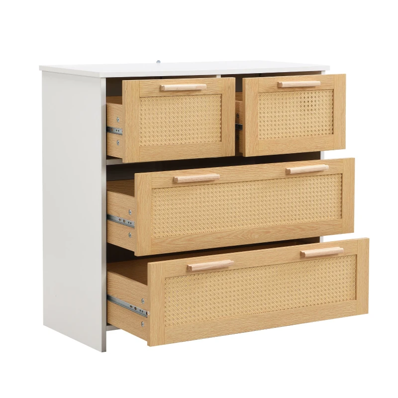 Commode Moderne en Rotin avec 4 Tiroirs et Poignées en Bois Massif, 80x38x80 cm - Meuble de Rangement, Naturel+Blanc