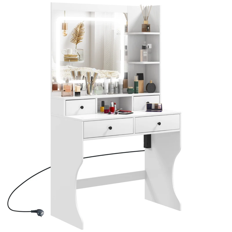 HOMCOM Masă de Toaletă cu Oglindă Iluminată LED, Masă de Machiaj cu Stație de Încărcare, 4 sertare și rafturi de depozitare, 90x45x160 cm, Alb