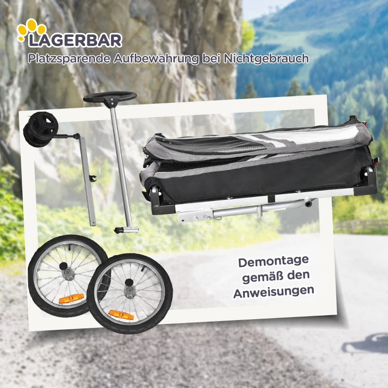 PawHut 2-in-1 Hundeanhänger Trolley Lastenanhänger lagerbar Zustange Flagge atmungsaktiv Metall Oxford- Gewebe Schwarz + Silber 130 x 64 x 92 cm