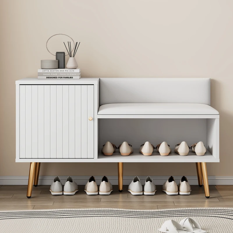 Banc Meuble à Chaussures Moderne avec Assise Rembourrée et Dossier, Rangement Multifonction et Pieds en Métal, 100x38x58 cm, Blanc