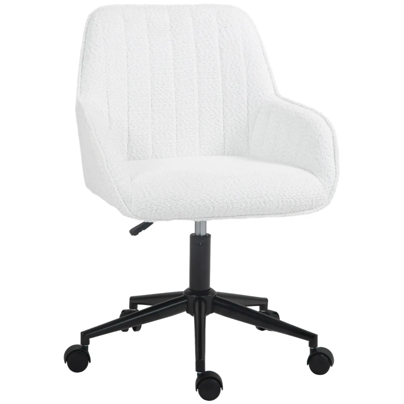 HOMCOM Scaun de Birou din Material Textil cu Înălțime Reglabilă, Scaun de Birou Pivotant cu Cotiere și Rotile, 58x58x83-93 cm, Alb