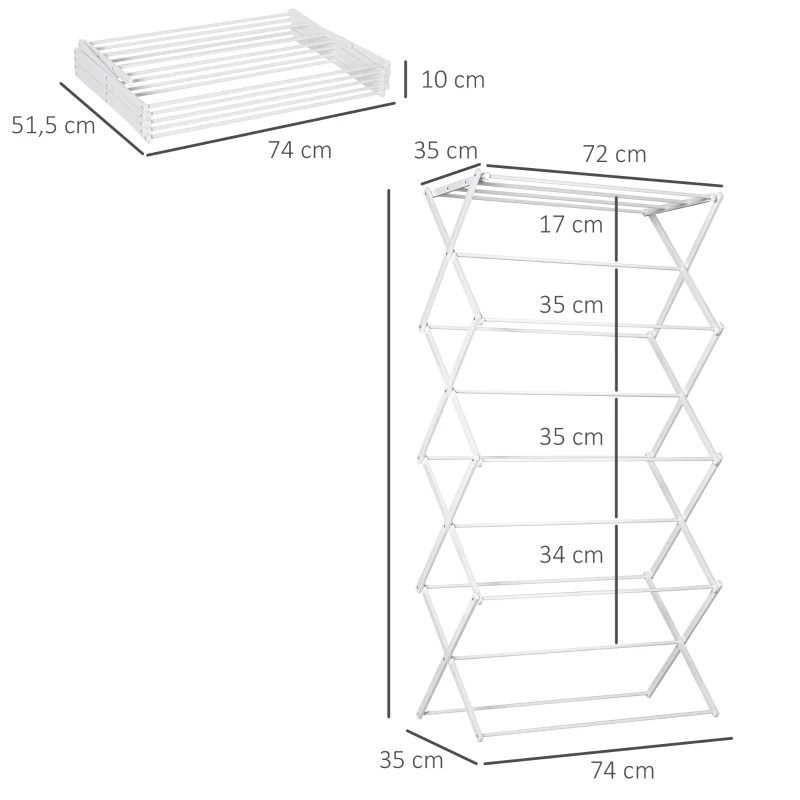 HOMCOM wasrek inklapbaar 8-traps droogrek kledingrek metaal kunststof wit 74 x 35 x 144 cm(m-3)
