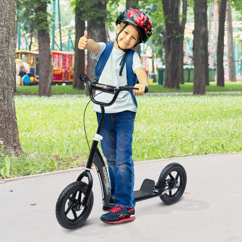 HOMCOM Kinderroller mit Hinterbremse Kickscooter 12 Zoll Tretroller Roller Scooter Cityroller für Kinder Kickboard Höhenverstellbar Stahl EVA Schwarz 120 x 52 x 80-88 cm