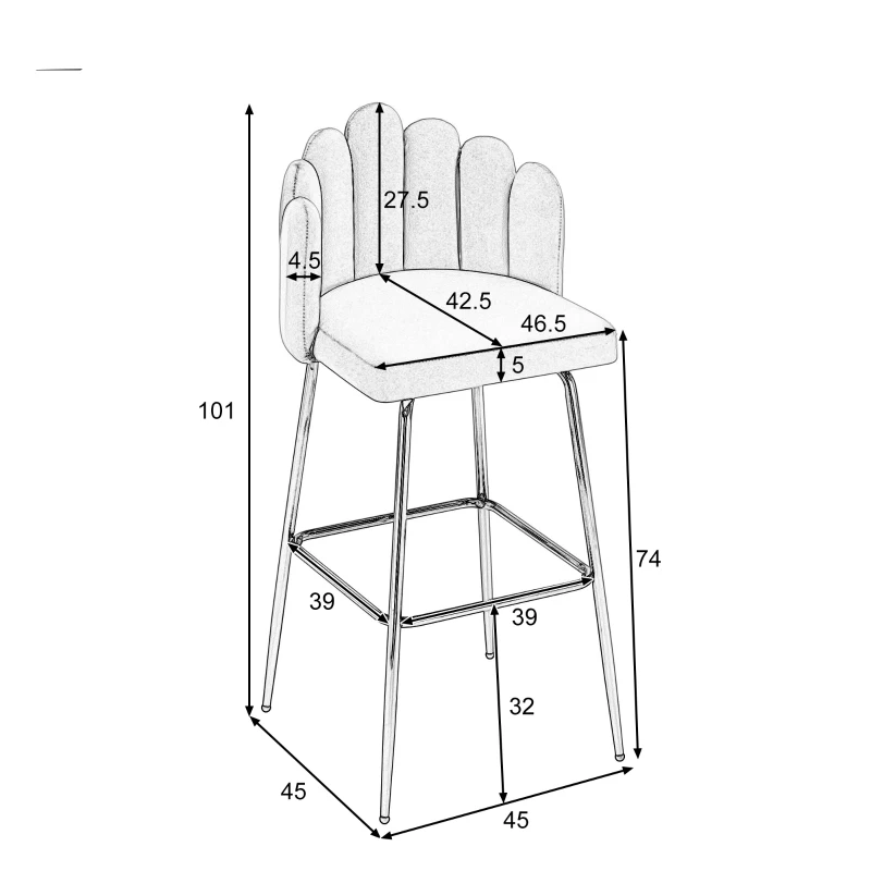 Ensemble de 2 tabourets de bar ergonomiques à hauteur réglable en tissu effet velours avec dossier en forme de pétale et repose-pieds, 46x42,5x110,5 cm, Beige