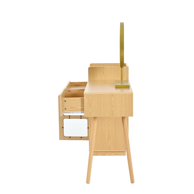 Coiffeuse Meuble avec Miroir LED à 3 Couleurs, 3 Tiroirs et Armoire Latérale, en Bois, 120x40x130 cm, Naturel