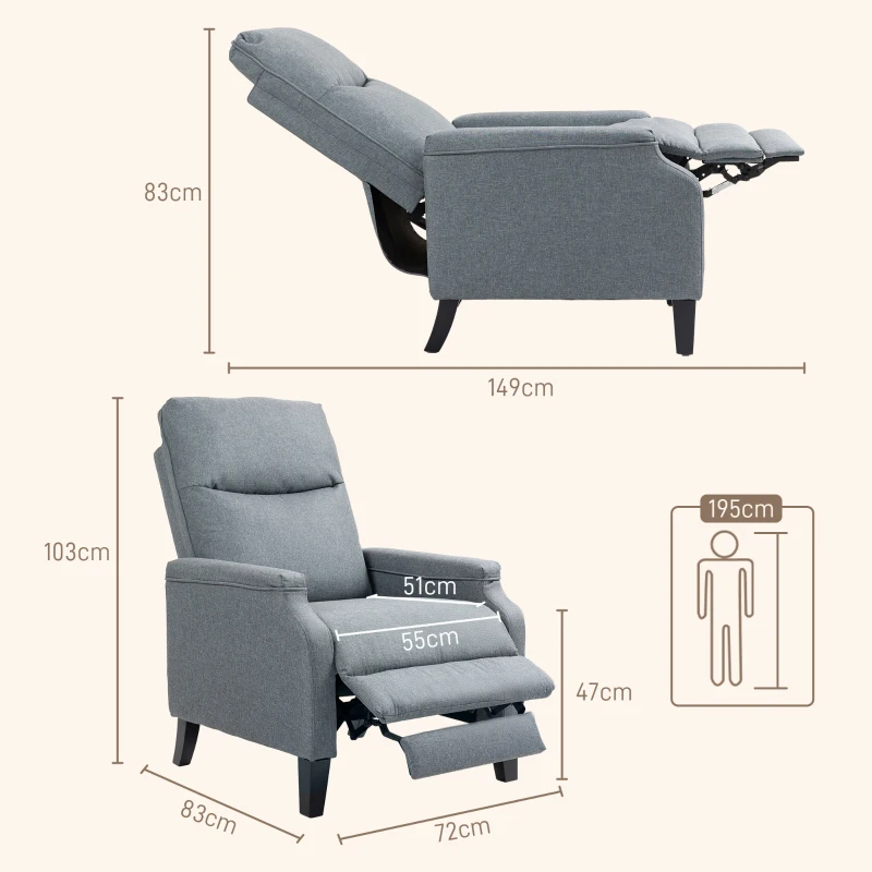 HOMCOM Fotoliu Relaxant Înclinabil, Fotoliu Ergonomic cu Spătar Înclinabil și Suport Dublu pentru Picioare, 72x83x103 cm, Gri
