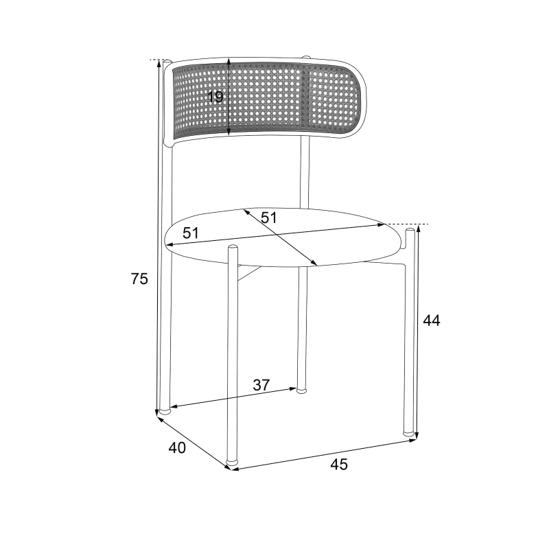 Set de 2 scaune de dining din țesătură cu efect de catifea, cu picioare din metal și spătar din ratan, 60x18x86 cm, Negru