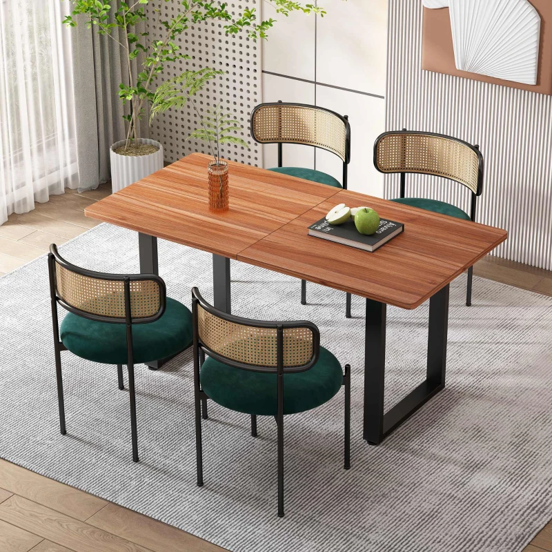 Ensemble de 2 chaises de salle à manger en tissu effet velours avec pieds en métal et dossier en rotin effet cannage, 45x40x75 cm, Vert