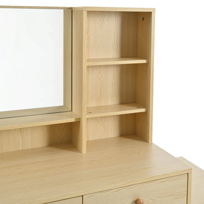 Coiffeuse avec Miroir LED, 4 Compartiments Ouverts et 4 Grands Tiroirs, 105x40x130,5 cm, Naturel