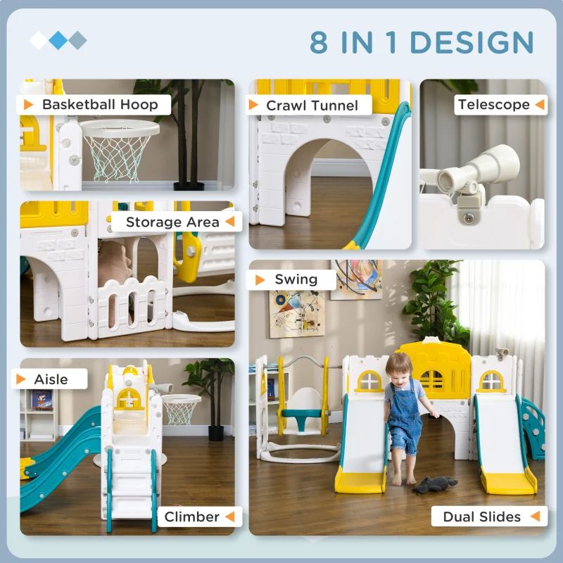 AIYAPLAY Set de tobogane și leagăne pentru copii mici 8 în 1 pentru copii cu vârsta cuprinsă între 1 și 3 ani, 250x177x99 cm, Galben