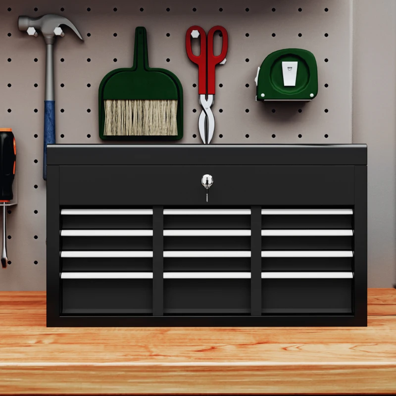 HOMCOM Comodă pentru Scule Portabilă, Cutie Metalică cu Carcasă Superioară și Glisiere pe Rulmenți cu Bile, 60x26x34 cm, Negru