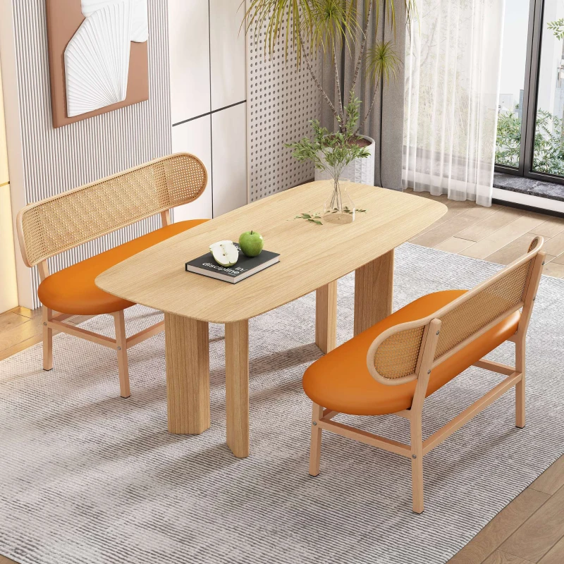 Banc 2 places dossier en rotin ovale effet cannage et assise rembourrée, 84x49x75 cm, Marron