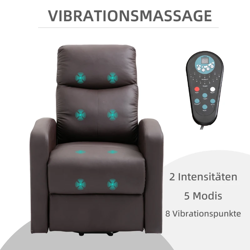 HOMCOM Massagestoel met opstaan hulp, relaxstoel, ligstoel, hoofdsteun, 8 vibratiepunten, 2 afstandsbedieningen, bruin