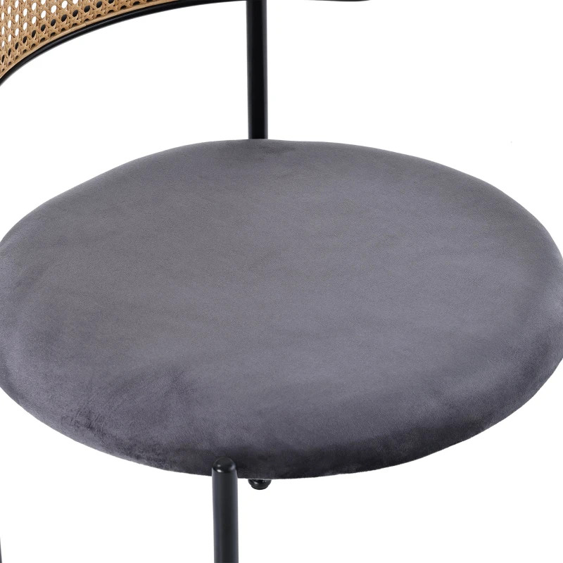 Set 4 scaune de dining din țesătură cu efect de catifea, picioare din metal și spătar din ratan, 60x18x86 cm, Gri