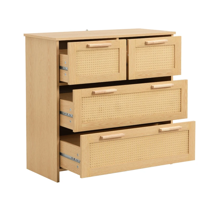 Commode Moderne en Rotin avec 4 Tiroirs et Poignées en Bois Massif, 80x38x80 cm - Meuble de Rangement, Naturel