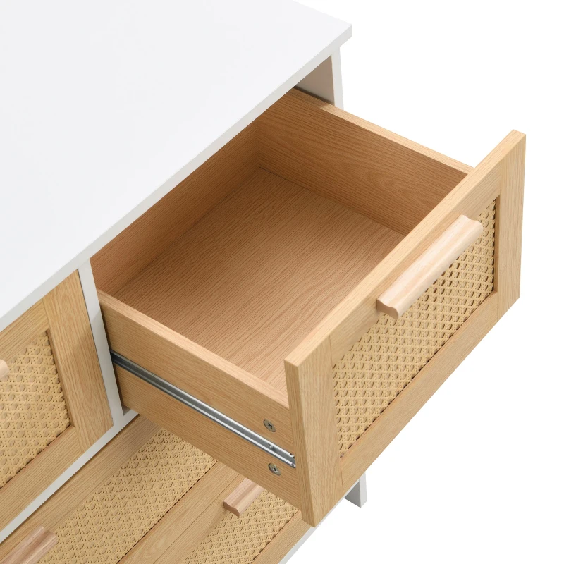 Commode Moderne en Rotin avec 4 Tiroirs et Poignées en Bois Massif, 80x38x80 cm - Meuble de Rangement, Naturel+Blanc