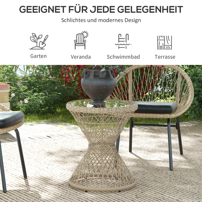 Outsunny Couchtafel Bijzettafel Boho-Design, Glazen Blad, PE-Rattan, 45 cm x 45 cm x 52 cm, Natuurlijk