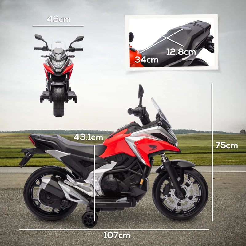 AIYAPLAY Motocicletă Electrică pentru Copii 3-6 ani, Motocilcetă cu Faruri, Muzică și Roți, Motocicletă de Jucărie din PP și Metal, 107x46x75 cm, Roșu(m-3)