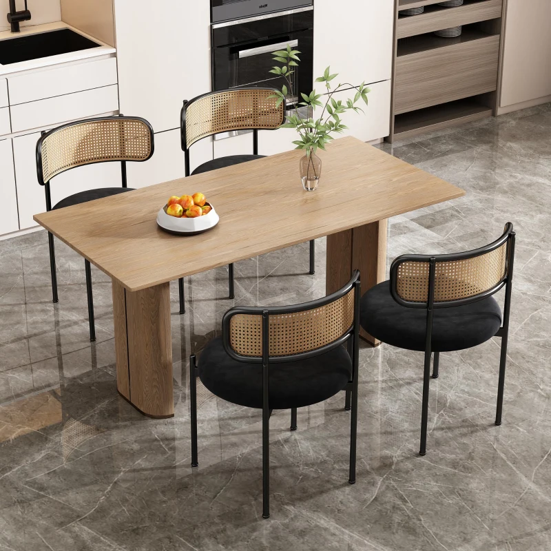 Set de 2 scaune de dining din țesătură cu efect de catifea, cu picioare din metal și spătar din ratan, 60x18x86 cm, Negru