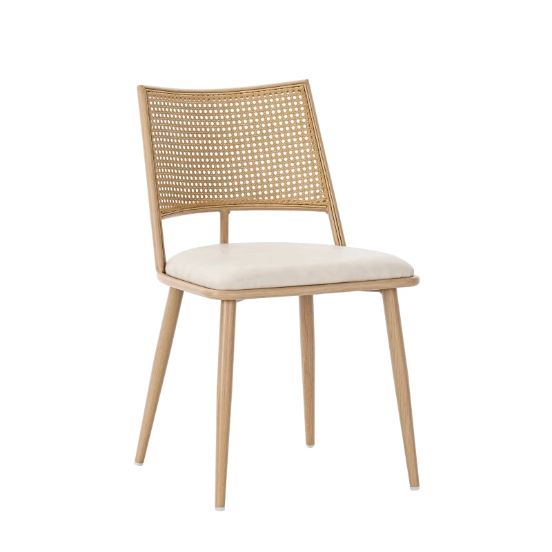 Ensemble de 2 chaises de salle à manger avec assise revêtement synthétique et dossier en rotin, structure en métal, 46x48x80 cm, Beige