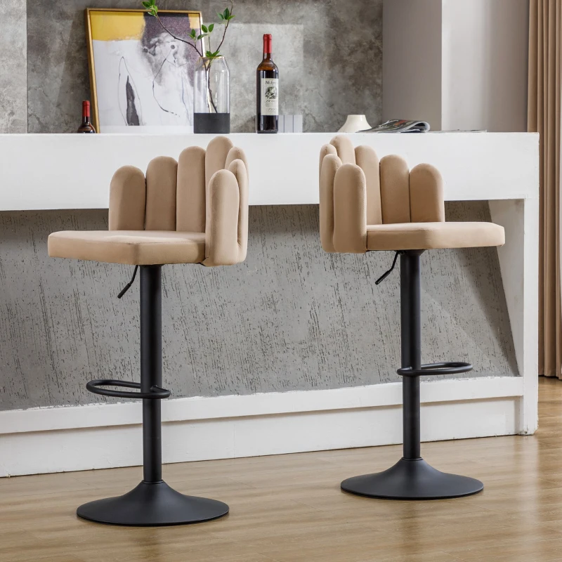 Ensemble de 2 tabourets de bar ergonomiques à hauteur réglable en tissu effet velours avec dossier en forme de pétale et repose-pieds, 46x42,5x110,5 cm, Beige
