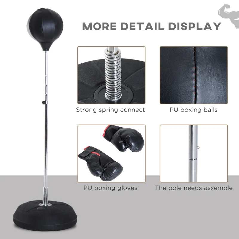 HOMCOM Sac de Box, Stand de Box cu Mănuși, Minge de Perforare, Minge de Box pentru Antrenament, 43x43x126-144 cm, Negru