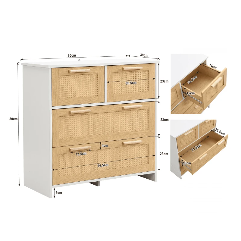 Commode Moderne en Rotin avec 4 Tiroirs et Poignées en Bois Massif, 80x38x80 cm - Meuble de Rangement, Naturel+Blanc