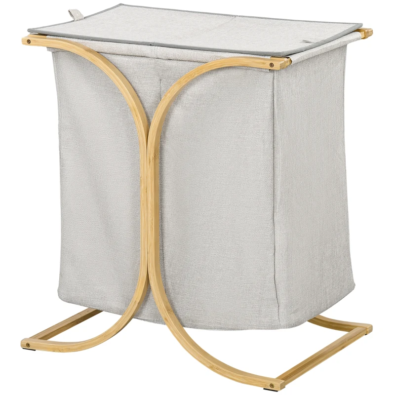 HOMCOM Coș de Rufe Dublu cu 2 Secțiuni, Coș de Rufe din Bambus cu Capac, 55x40x62 cm, Gri