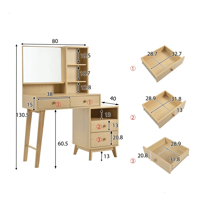 Coiffeuse avec Miroir LED, 4 Compartiments Ouverts et 4 Grands Tiroirs, 105x40x130,5 cm, Naturel