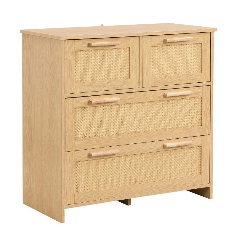 Commode Moderne en Rotin avec 4 Tiroirs et Poignées en Bois Massif, 80x38x80 cm - Meuble de Rangement, Naturel