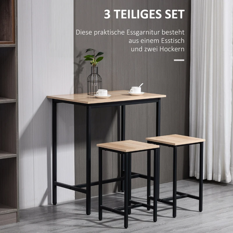 HOMCOM Bartafelset in industrieel design, 3-delig, 1 tafel, 2 krukken, Zwart + Natuur