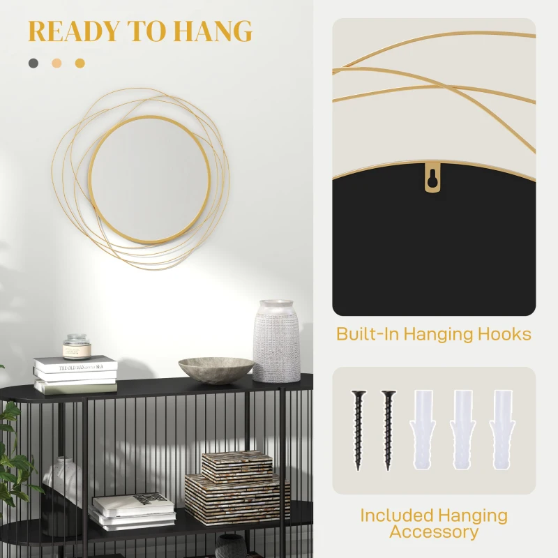 HOMCOM Modern 65cm Round Wall Mirror Decoration Metal Wall Art for Bedroom Gold Tone