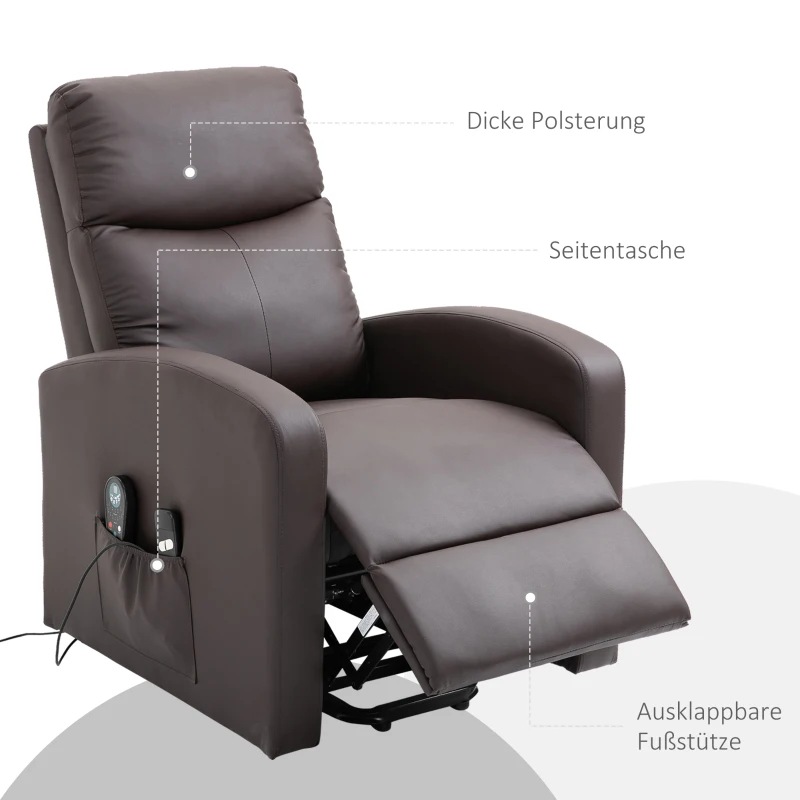 HOMCOM Massagestoel met opstaan hulp, relaxstoel, ligstoel, hoofdsteun, 8 vibratiepunten, 2 afstandsbedieningen, bruin