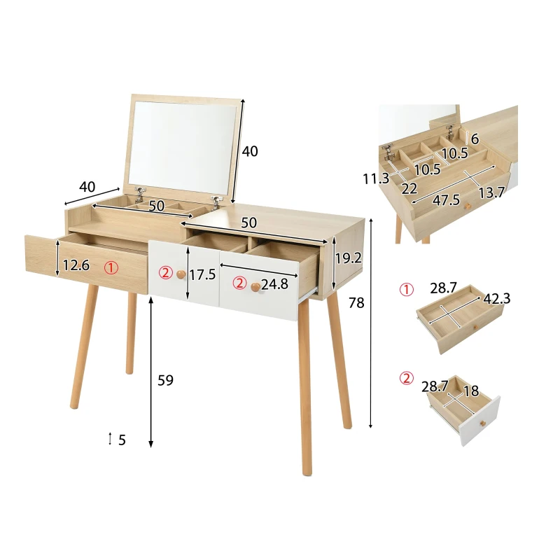 Coiffeuse Meuble avec Miroir et Tiroirs, Grande Capacité, 100x40x78 cm, Naturel+Blanc