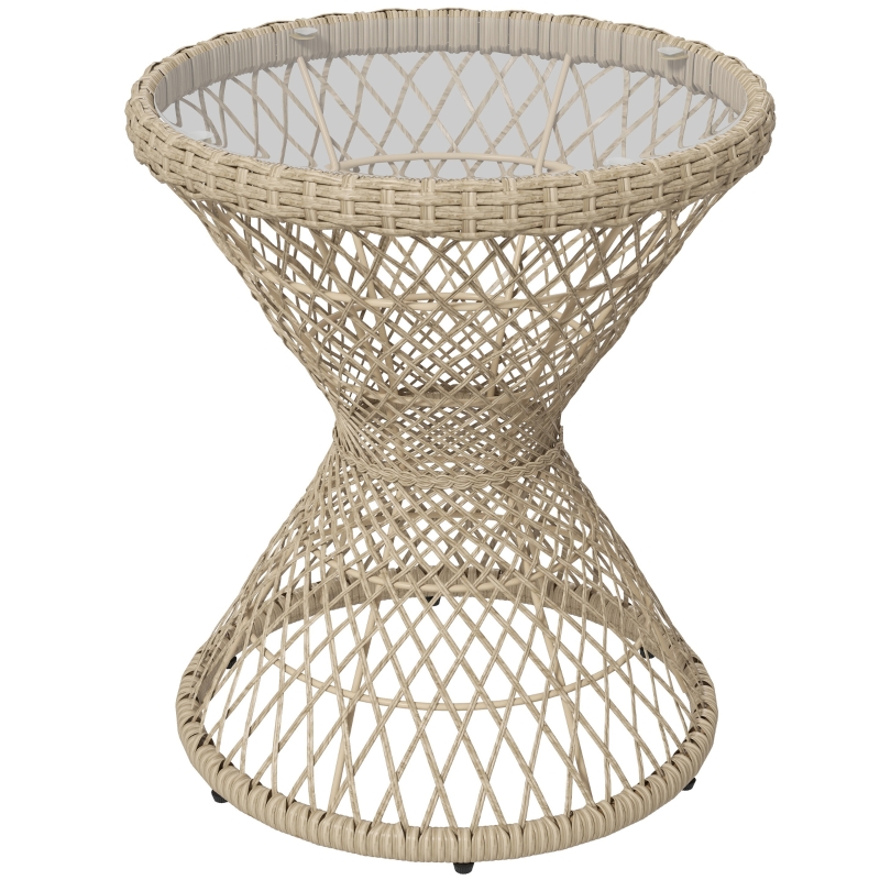 Outsunny Couchtafel Bijzettafel Boho-Design, Glazen Blad, PE-Rattan, 45 cm x 45 cm x 52 cm, Natuurlijk