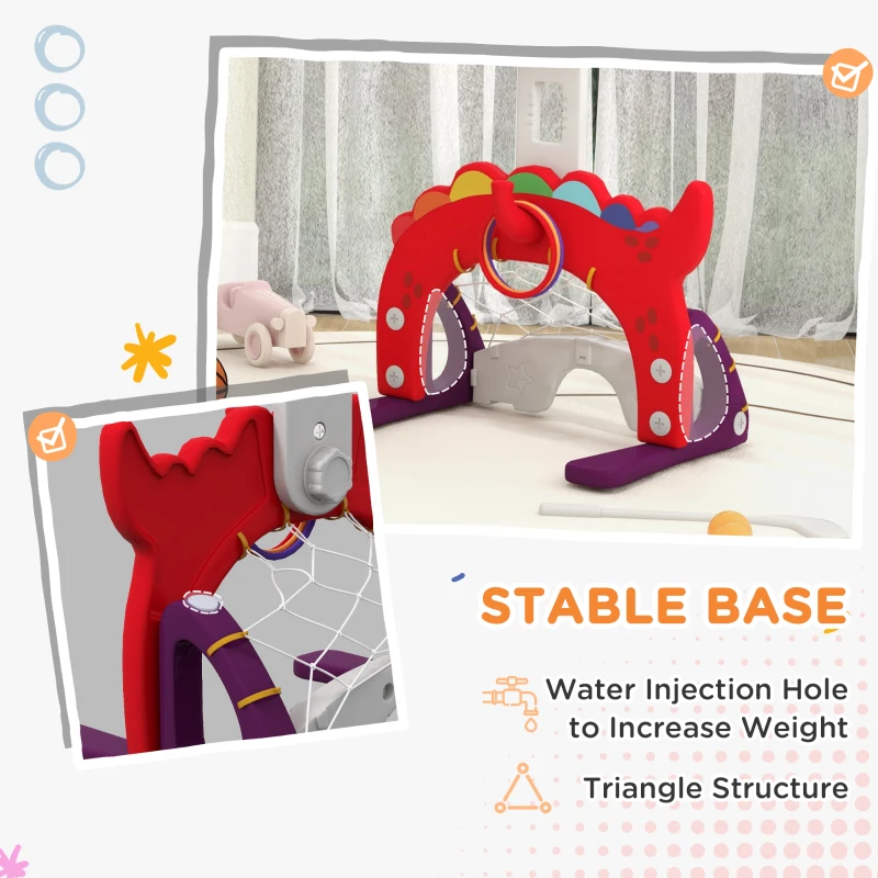 AIYAPLAY Cerc de Baschet pentru Copii, Înălțime Reglabilă, Set de Baschet 5 în 1 cu Fotbal, Golf, Lasou, 46x51x134-152 cm, Roșu