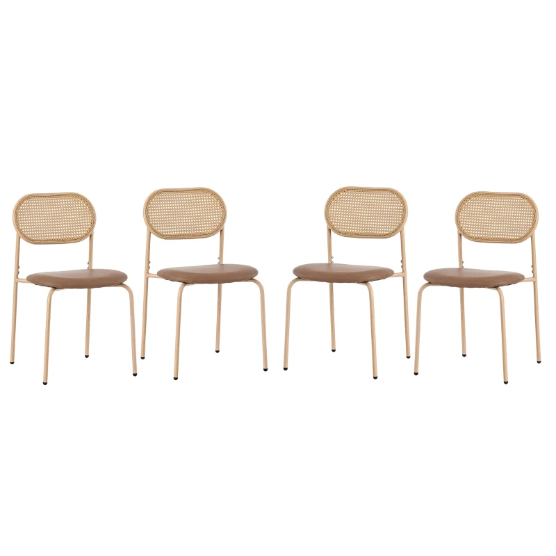 Set de 4 Scaune pentru Sufragerie Moderne din Rattan cu Structură Metalică, 60x50x48 cm, Maro
