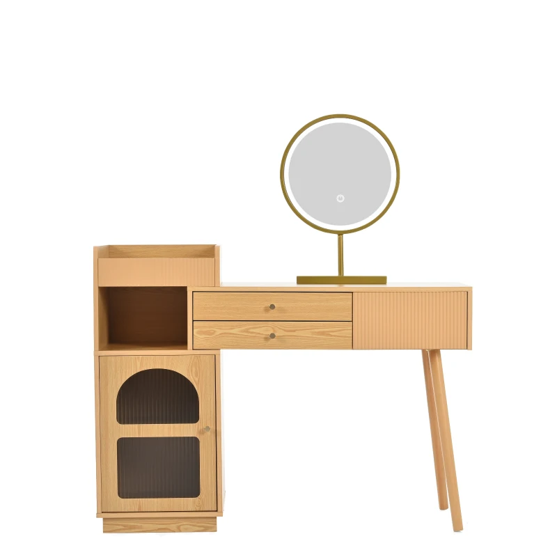 Coiffeuse Meuble avec Miroir LED à 3 Couleurs, 3 Tiroirs et Armoire Latérale, en Bois, 120x40x130 cm, Naturel
