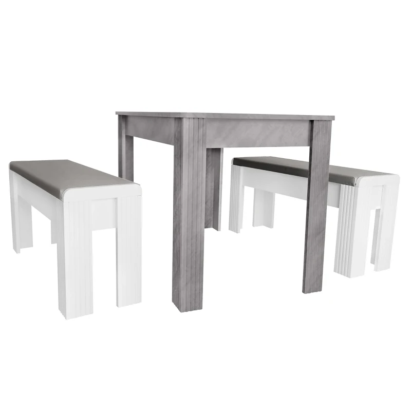 Ensemble de Salle à Manger Moderne avec Table et 2 Bancs, Design Contemporain et Structure Robuste, Gris+Blanc