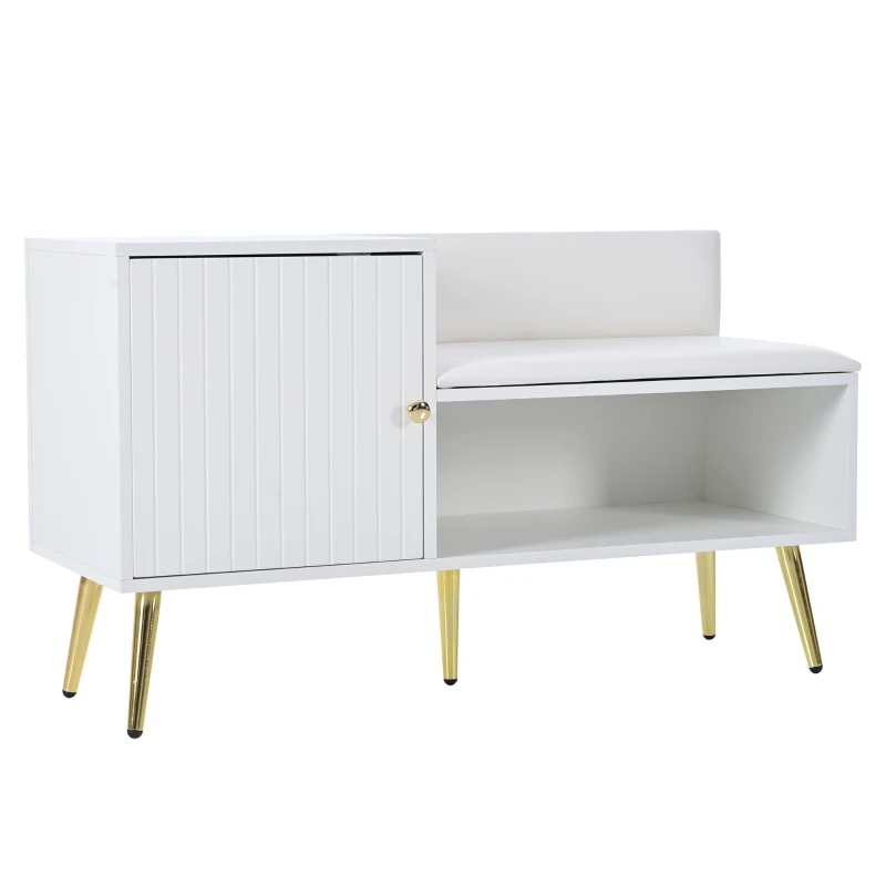Banc Meuble à Chaussures Moderne avec Assise Rembourrée et Dossier, Rangement Multifonction et Pieds en Métal, 100x38x58 cm, Blanc