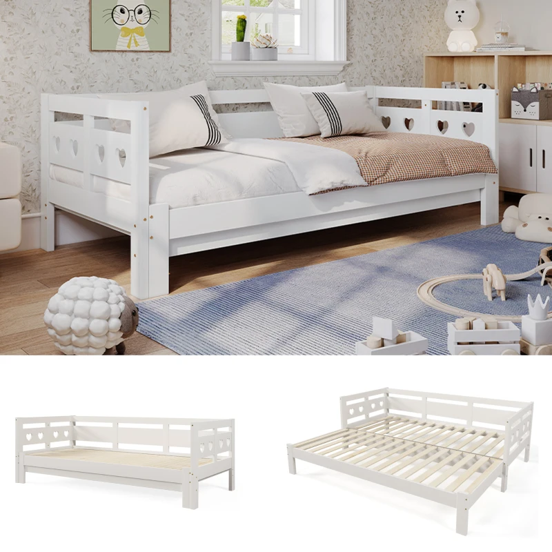 Heart-Shaped Wooden Daybed Frame with Pull-Out Trundle, 3FT Single Sofa Bed for Children Adults, Guest bed for Living Room, 196x98-187x66 cm, White