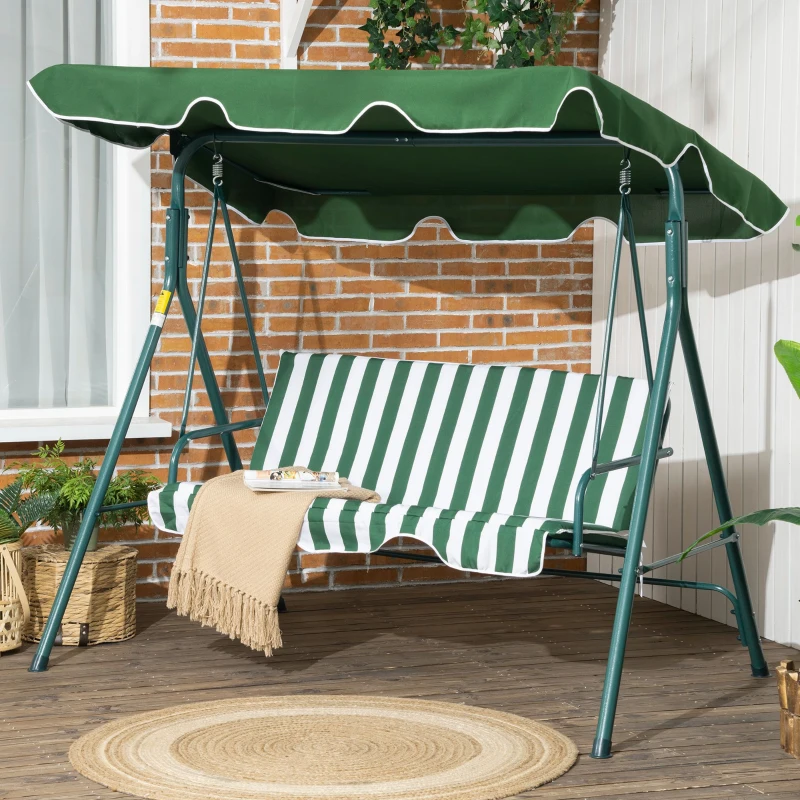 Outsunny 3 Seater Garden Swing Chair with Adjustable Tilting Canopy, Outdoor Hammock Bench with Steel Frame, Padded Seat for Patio Yard Outside, Green