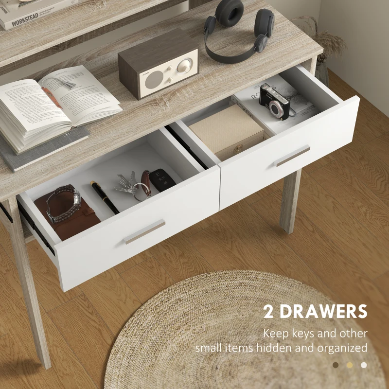 HOMCOM Consolă extensibilă cu 2 sertare, birou consola de intrare pentru cameră de zi, hol, dormitor, 95x35x87 cm, stejar