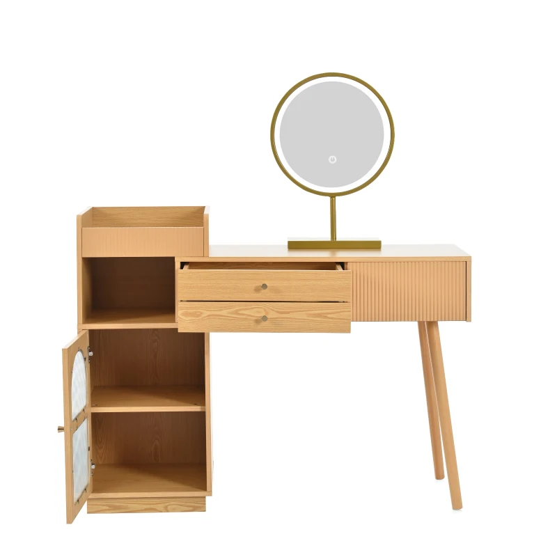 Coiffeuse Meuble avec Miroir LED à 3 Couleurs, 3 Tiroirs et Armoire Latérale, en Bois, 120x40x130 cm, Naturel