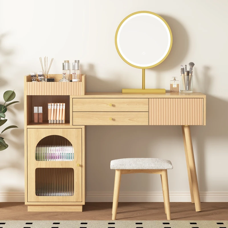 Coiffeuse Meuble avec Miroir LED à 3 Couleurs, 3 Tiroirs et Armoire Latérale, en Bois, 120x40x130 cm, Naturel